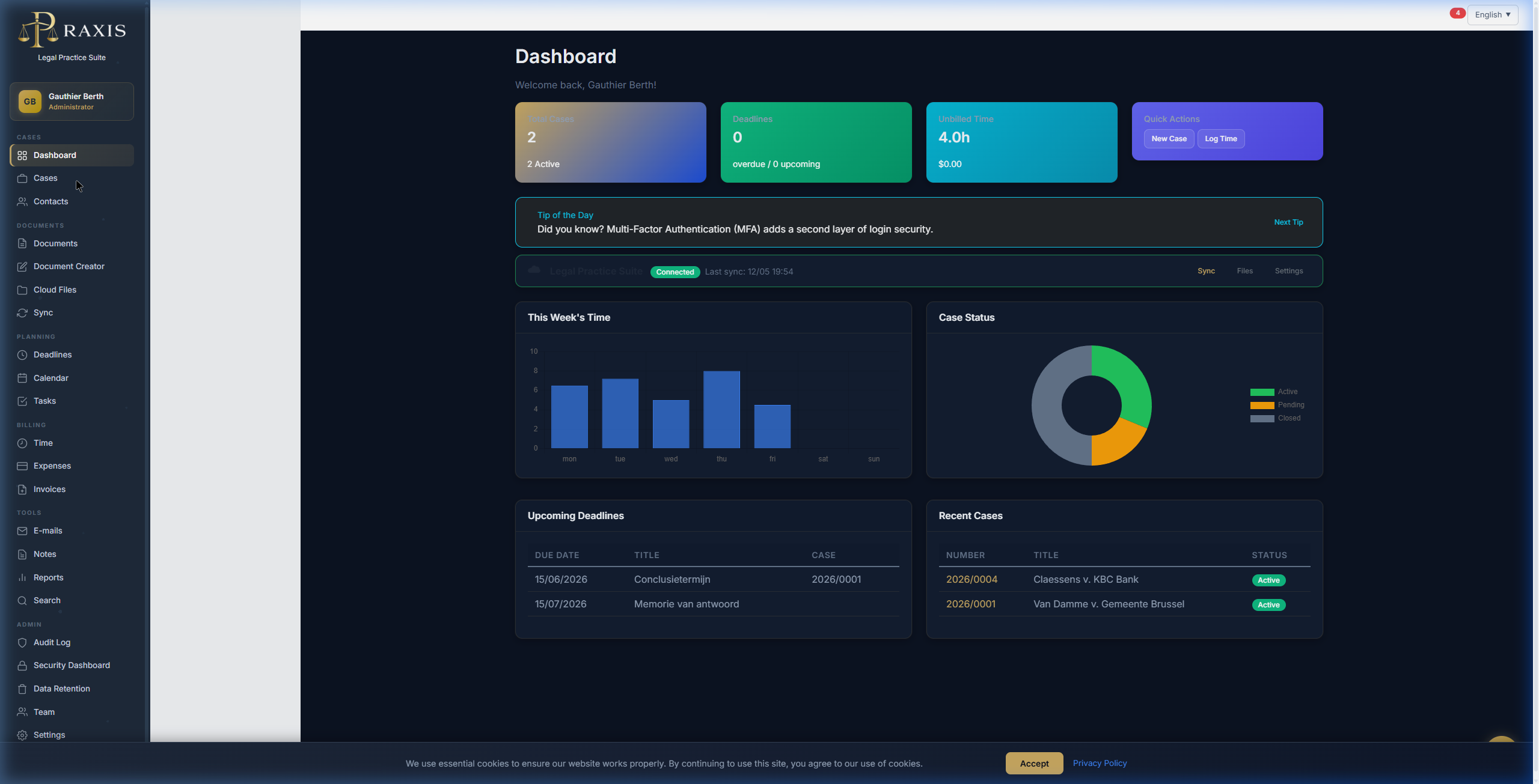 Praxis Dashboard mit KPIs, Zeiterfassung und aktuellen Akten
