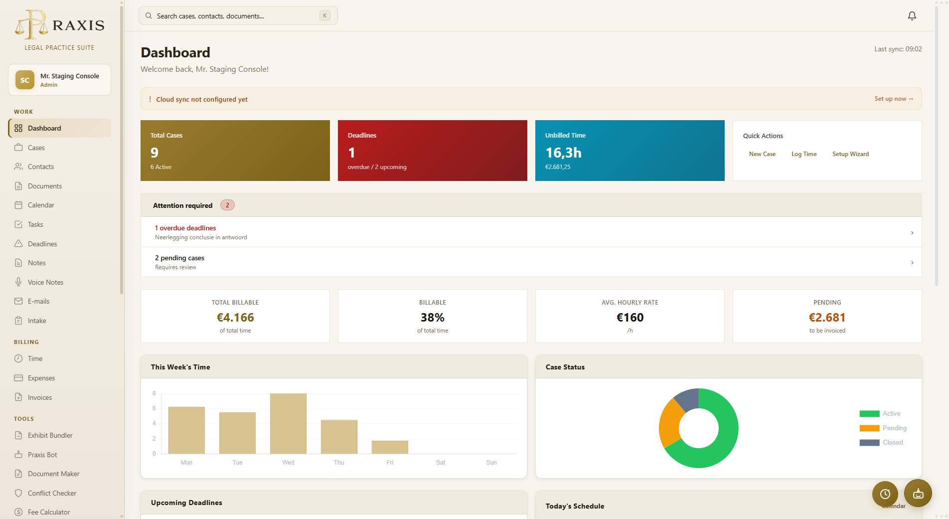 Praxis dashboard with the main legal-practice navigation
