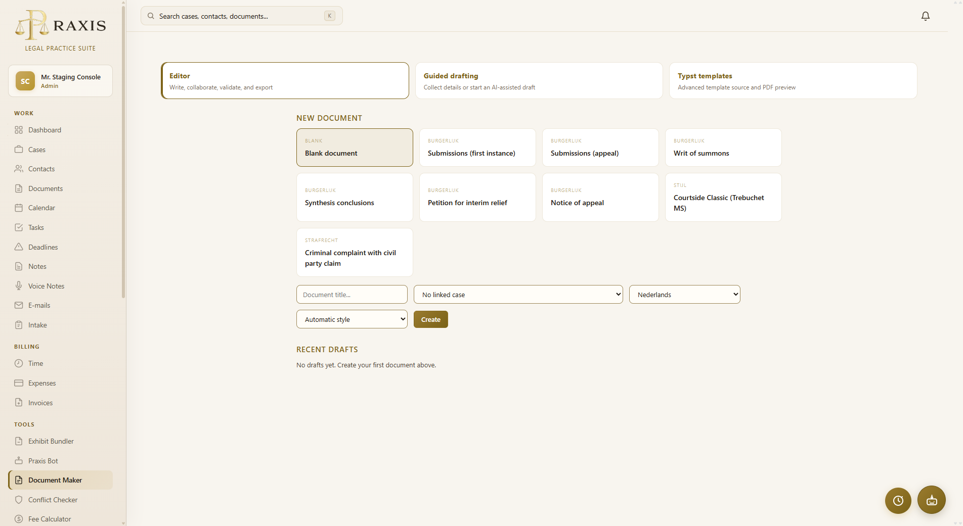 Praxis Document Maker with structured toolbar and A4 document preview