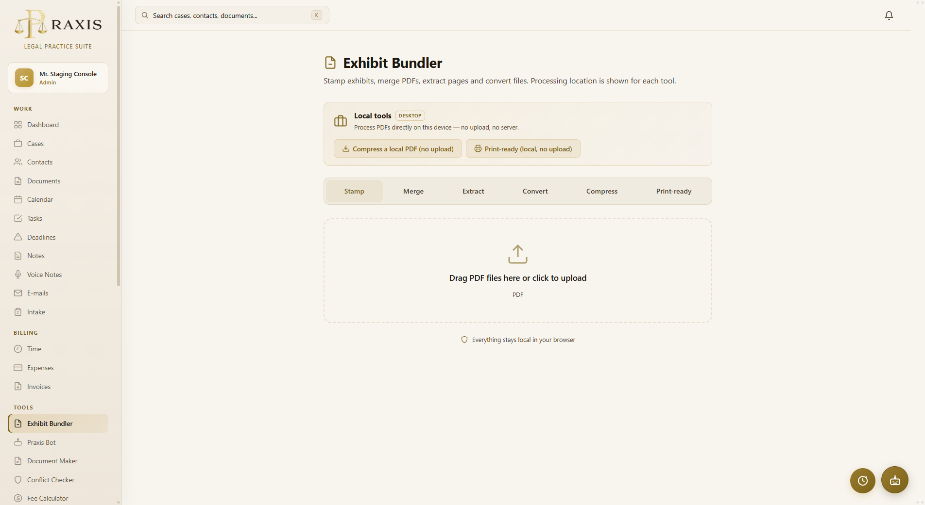 Praxis Stukkenbundelaar with PDF upload, validation, stamping, preview, and download controls